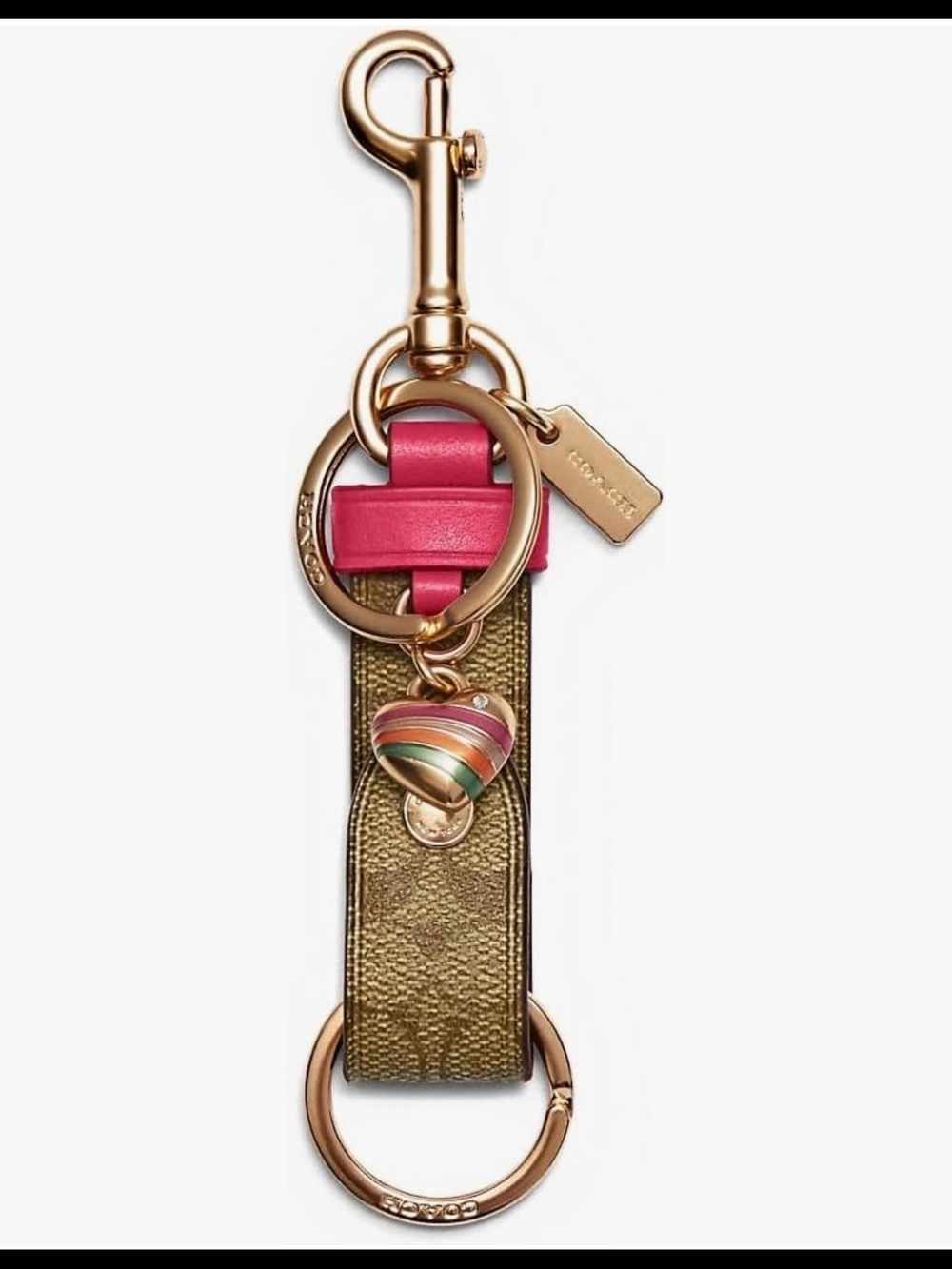 Coach Signature Tan & Pink Leather Heart Charm Key Ring